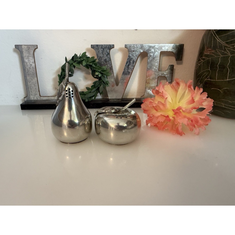 Vintage Kirk Stieff Lenox Pewter Apple & Pear Salt & Pepper Shakers Fruit EUC